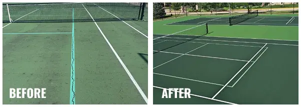 Before and after images of tennis court resurfacing in Waunakee, Wisconsin, showing significant crack repair and a fully renewed dark green playing surface.