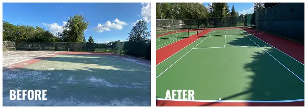 Before and after comparison of a tennis court resurfacing in Yankton Memorial Park, South Dakota, showing a heavily worn court renewed to a clean green and red surface.