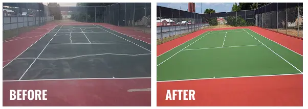 Before and after comparison of an outdoor tennis court resurfacing project, showing a dark, cracked, and faded surface restored to a smooth green-and-red acrylic court with crisp white lines.