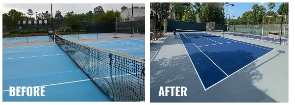 Before and after comparison of a worn blue tennis court resurfaced with a fresh two-tone blue-and-gray acrylic finish and precise new court lines.