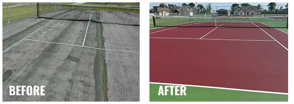 Before and after comparison of an outdoor tennis court resurfacing project, showing a cracked, deteriorated surface restored to a smooth red-and-green acrylic court with clean white lines.