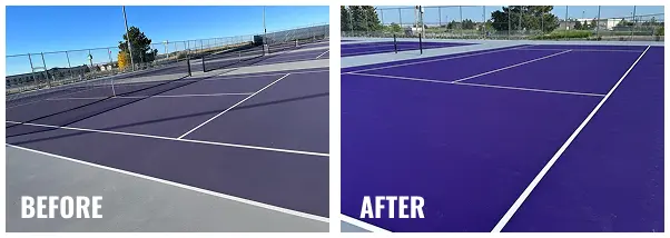 Before and after comparison of an outdoor tennis court resurfacing project, showing a faded, worn purple surface restored to a vibrant deep-purple acrylic court with crisp white line work.