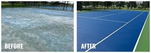 Before and after comparison of a resurfaced outdoor tennis court, showing a badly worn, cracked surface restored to a smooth blue-and-green acrylic court with crisp white lines.