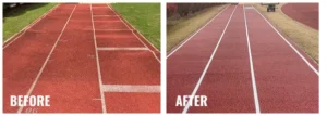 Before and after comparison of a Birmingham running track resurfacing project.