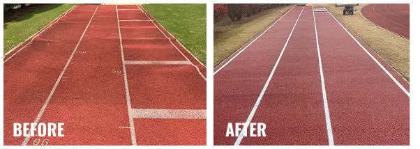 Before and after running track resurfacing in Alabama showing a worn red track restored to a smooth surface with clean lane striping.