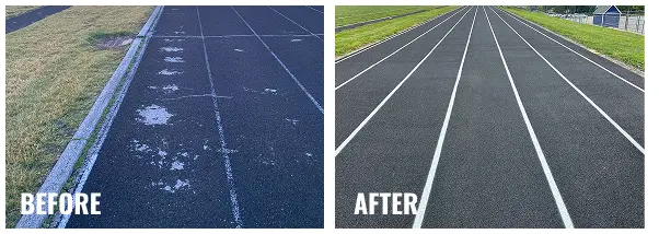 Before and after running track resurfacing in Alabama showing a worn, peeling surface restored to a smooth, fully striped athletic track.