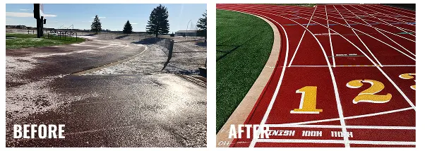 Before and after running track resurfacing in South Dakota showing worn, faded surface restored to a bright red, fully striped athletic track.