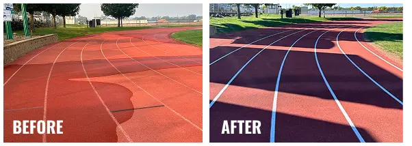Before and after running track resurfacing in South Dakota showing a worn, faded track restored to a smooth red surface with crisp lane striping.