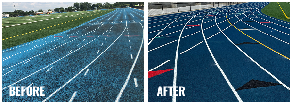 Before and after comparison of a synthetic running track showing surface wear versus a fully resurfaced track.