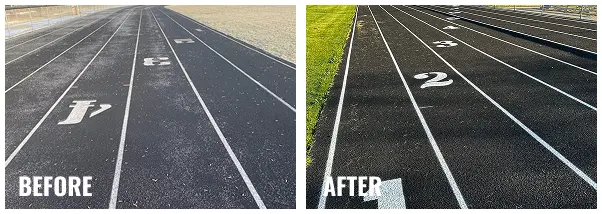 Before and after running track resurfacing in Grand Meadow Minnesota showing repaired surface and fresh lane markings