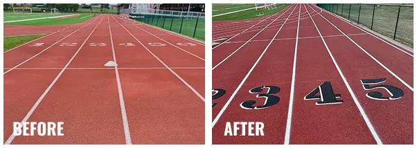 Before and after view of Bishop Kelley Oklahoma running track resurfacing with fresh red surface and white lane markings