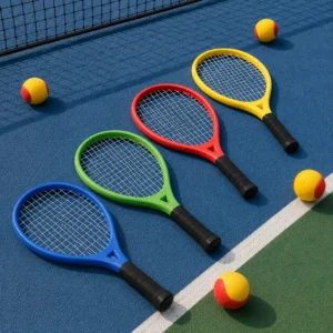 Foam tennis balls and colorful junior-style racquets arranged on a blue and green pickleball-style court.
