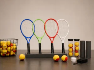 Colorful junior-style racquets, foam balls, and court accessories arranged on a plain studio tabletop.
