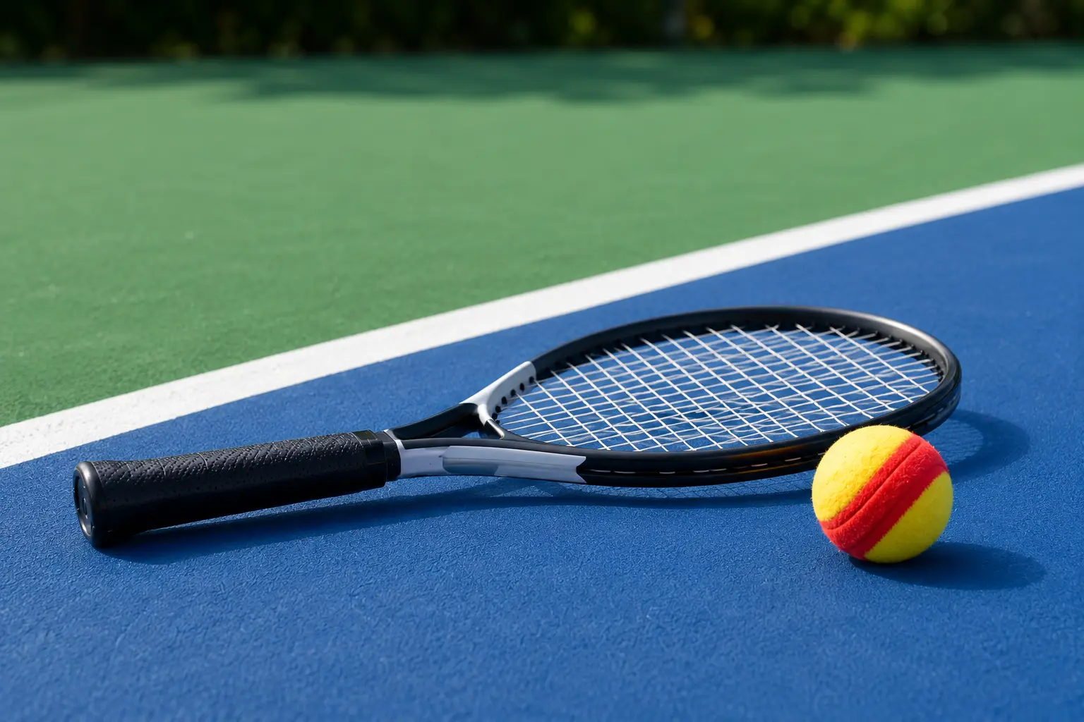 strung-racquet-and-foam-ball-on-court Strung racquet and yellow foam ball resting on a blue and green outdoor court surface.