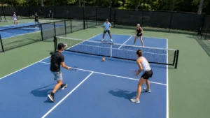 Four players using strung racquets and a yellow foam ball during a doubles game on a pickleball-style court.