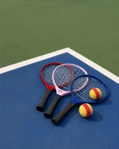 strung racquets and yellow foam balls arranged on a blue and green pickleball-style court surface.