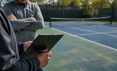 tennis-court-contractor-evaluation-clipboard. Contractor holding a clipboard and pen while evaluating a worn tennis court surface during a site visit for resurfacing bid review.